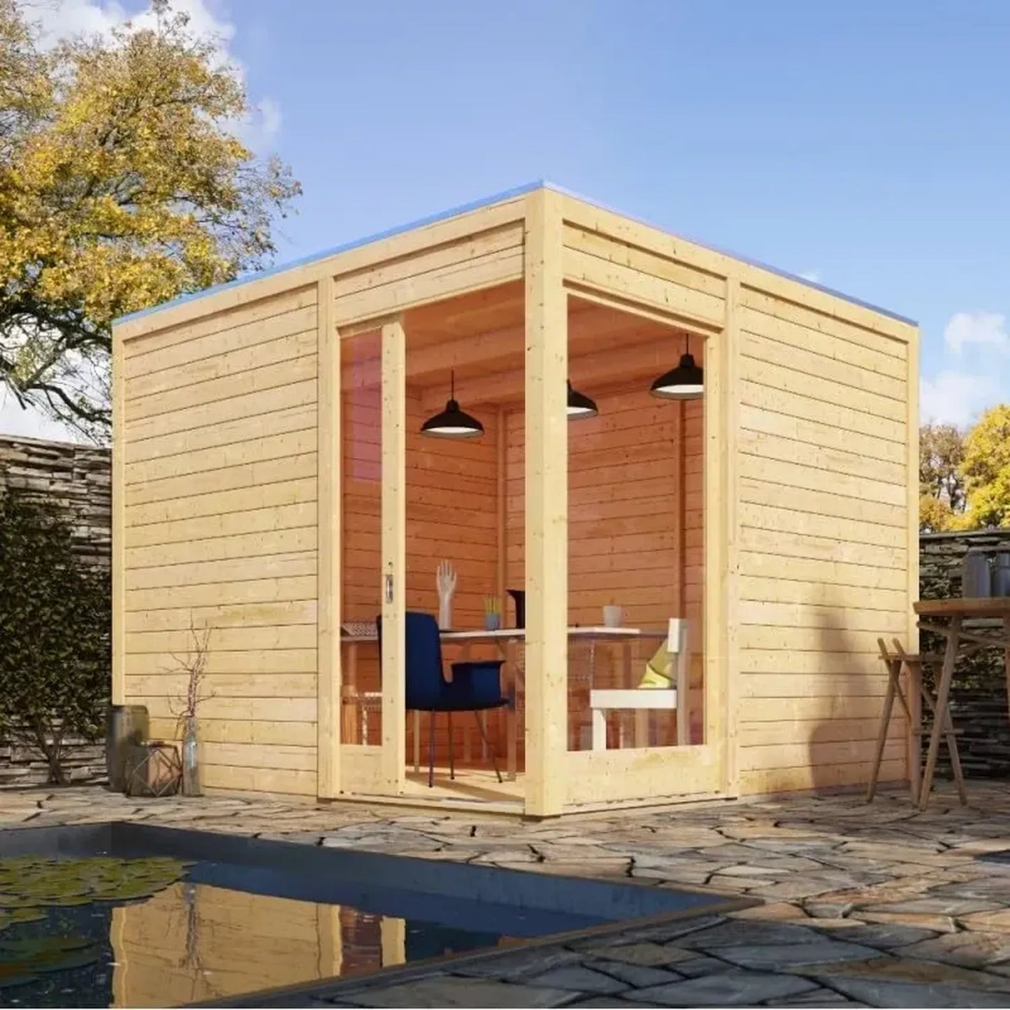 Abri de Jardin en Bois Qubu ECK 9,24m² avec Toit Plat et Portes Coulissantes