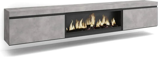 Meuble TV Moderne avec Cheminée Électrique XXL, 267x45x35 cm, Rangement Spacieux, Style Suspendu en Ciment