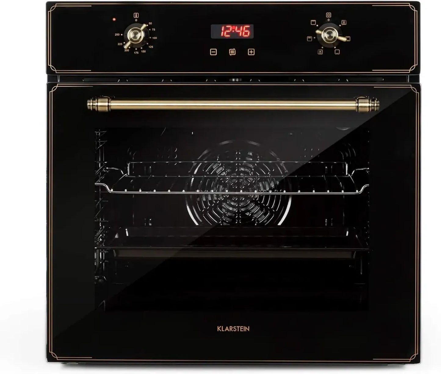 KLARSTEIN Elizabeth - Four encastrable rétro 70L, classe A, convection et grill, 2200W, 50-250°C, boutons rotatifs laiton - noir