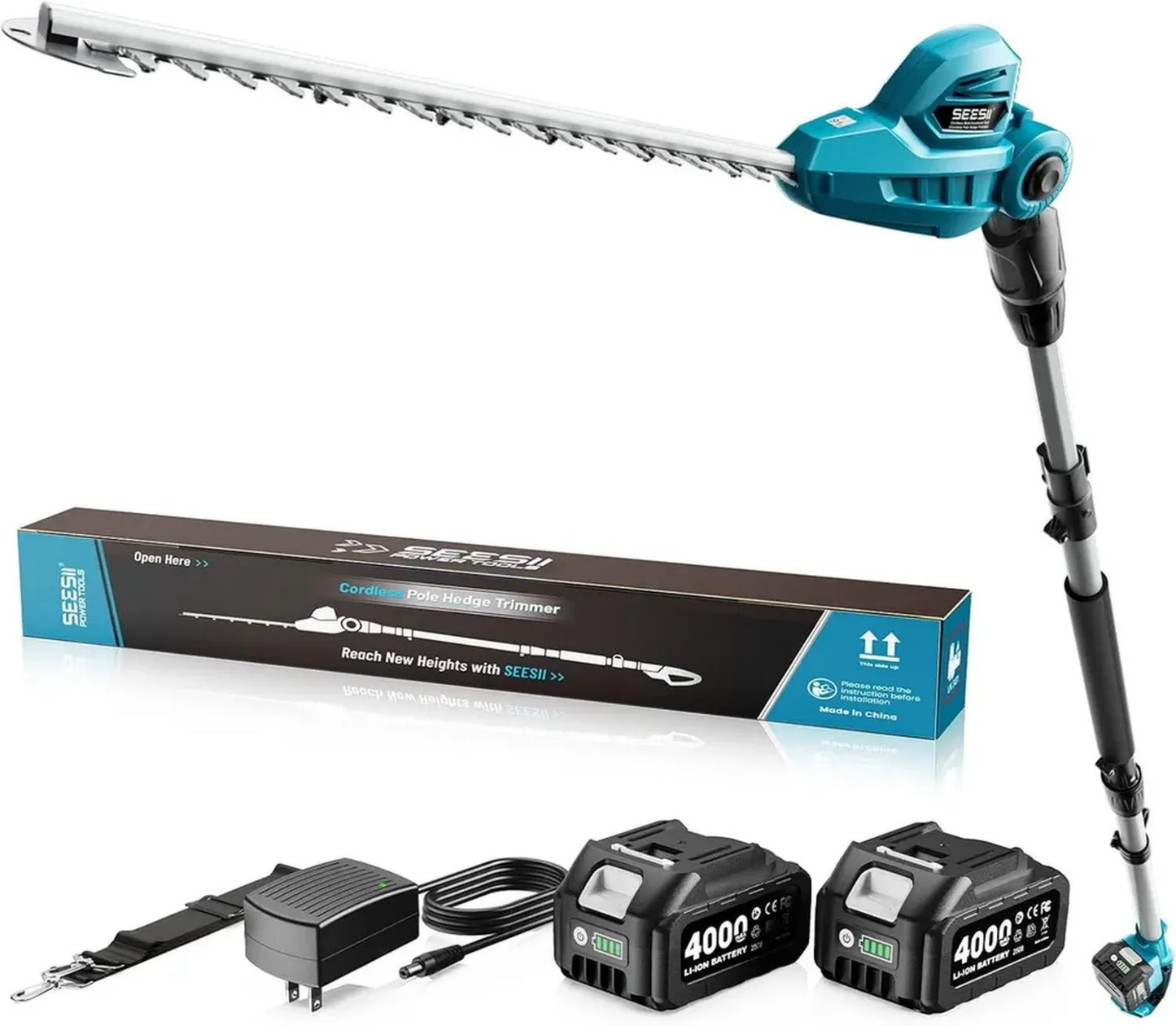 SEESII Taille-haie Télescopique Électrique 2,6 m avec Lame Double 40 cm et 2 Batteries 4,0Ah, Tête Ajustable 135° pour Haies et Arbustes