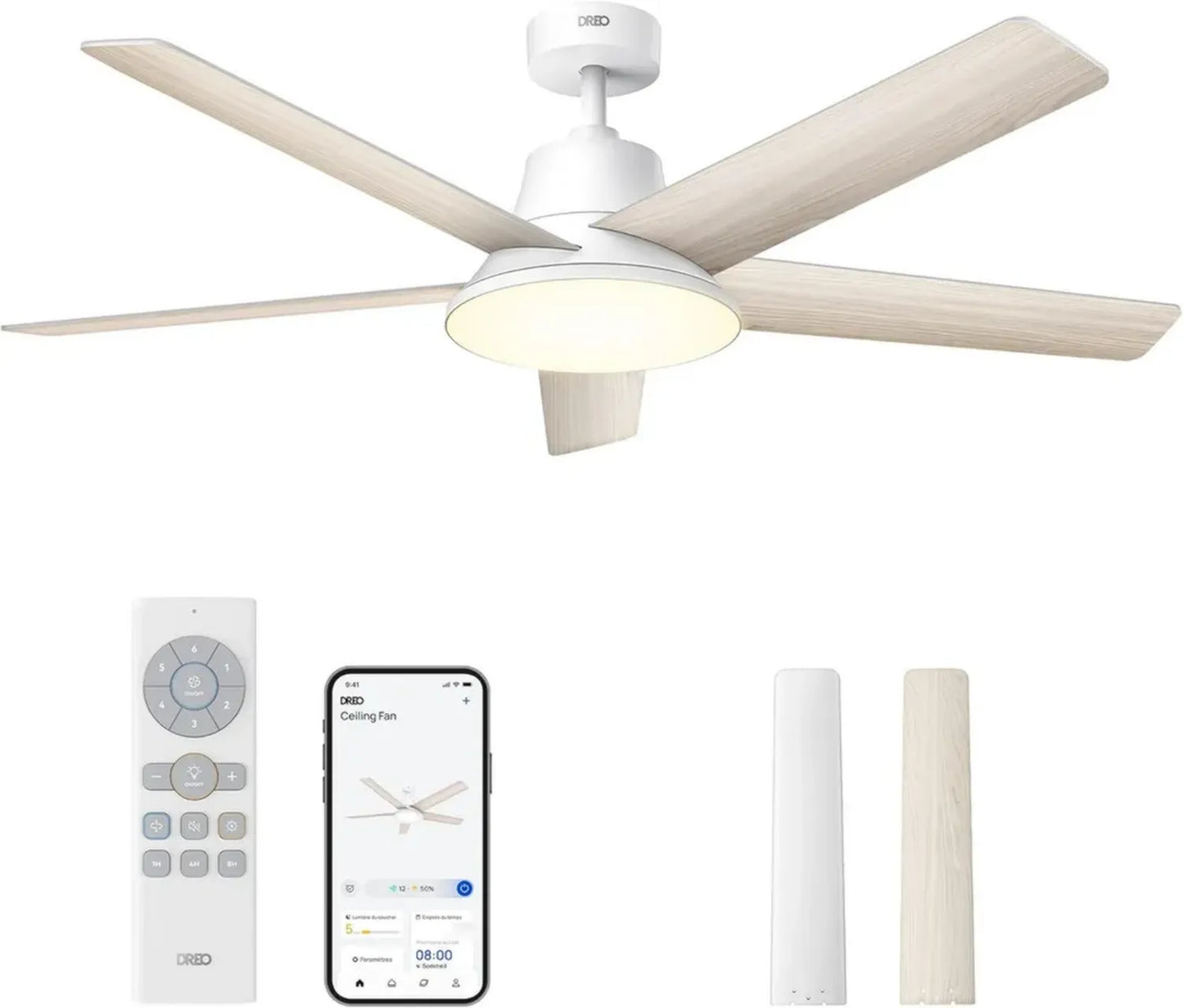 Ventilateur de Plafond Intelligente 132cm avec Lumière LED, 12 Vitesses Silencieuses, Contrôle à Distance et Alexa, Blanc