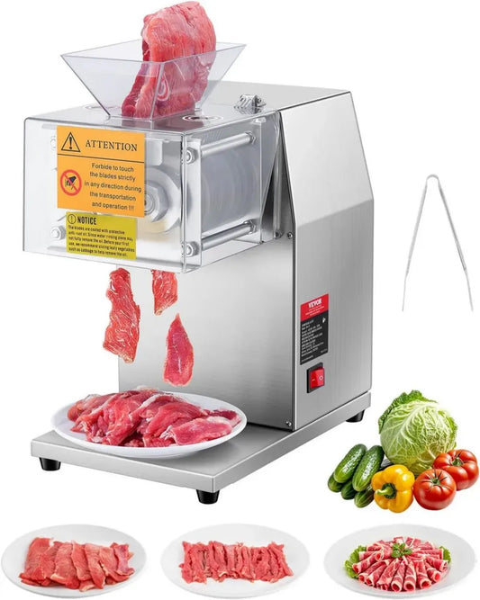Trancheuse à Viande Électrique VEVOR 850W, Capacité 250kg/h, Acier Inoxydable, Épaisseur Réglable 5mm, Lames Amovibles, Idéale pour Cuisine et Restaurant