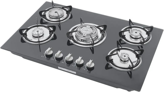 Plaque de cuisson à gaz intégrée 5 foyers en verre, allumage rotatif, sécurité antifeu, usage domestique ou commercial