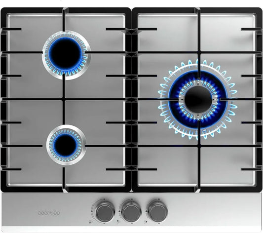 Plaque de Cuisson à Gaz Cecotec Bolero 3200F Inox, 3 Feux, Grilles en Fonte, 6250W, Allumage Électrique, Sécurité pour Gaz Naturel ou Butane