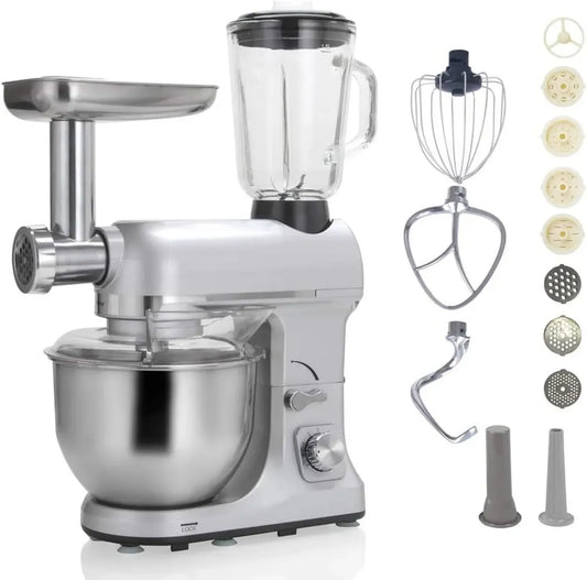 Robot de Cuisine 5L 1000W Argent avec Hachoir et Mixeur en Verre 1,5L - ROBIMIX