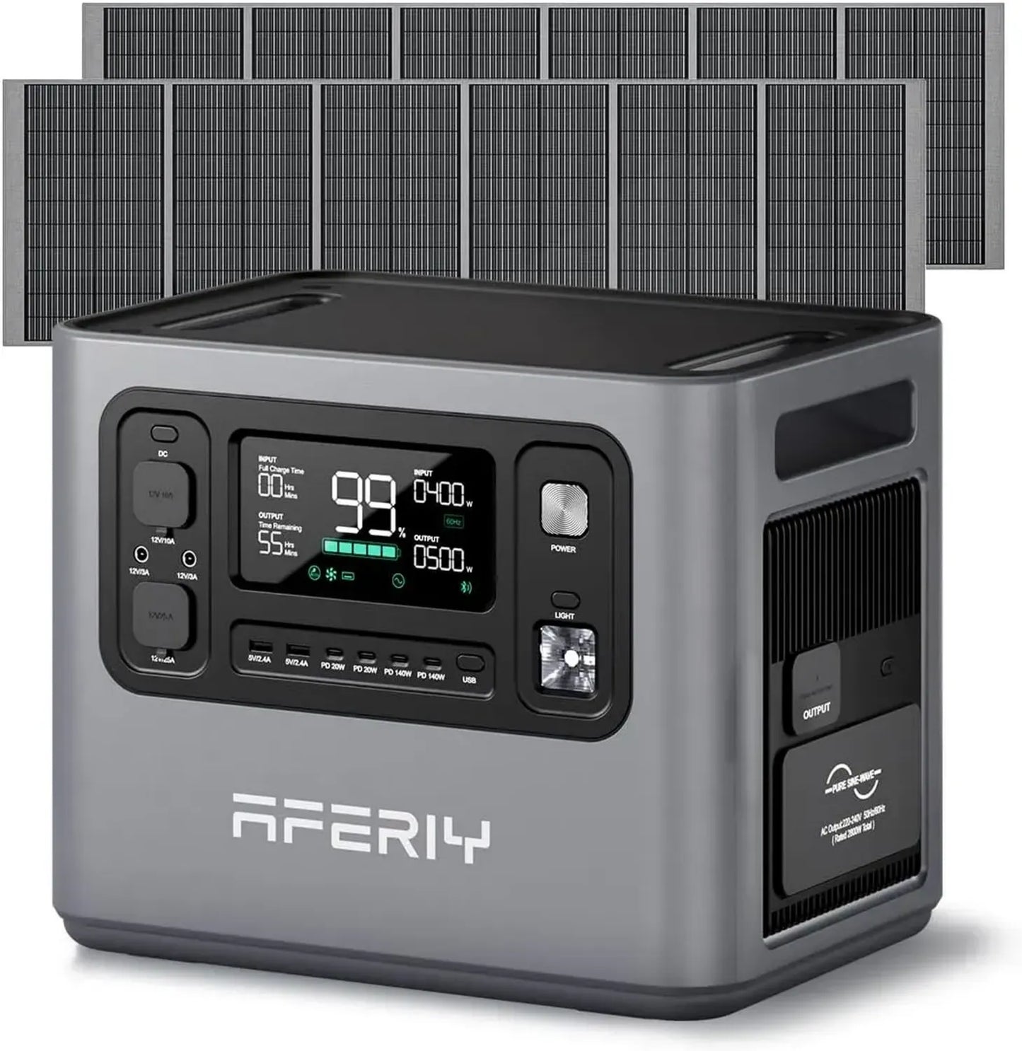 Générateur Solaire Portable 2800W AFERIY P280, Batterie 2048Wh Extensible à 10,24kWh avec Panneaux Solaires 2x400W pour Maison et Camping