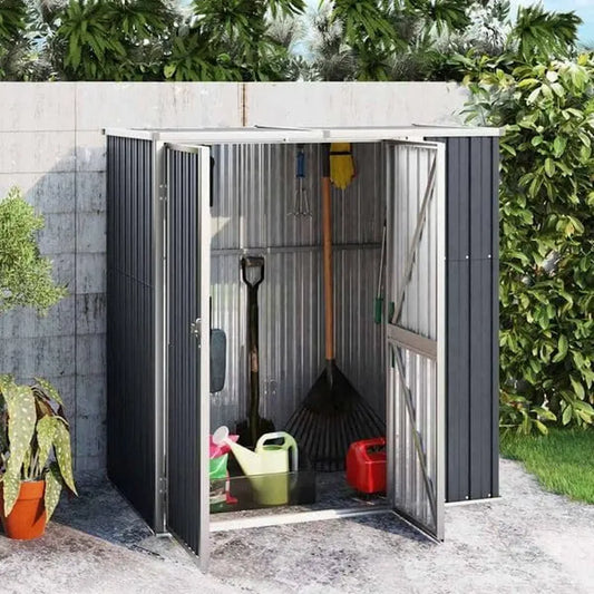 Cabane de Jardin Métallique Anthracite, 161 x 89 x 161 cm, en Acier Galvanisé avec Plancher et Toit Incliné, Rangement pour Outils et Vélos