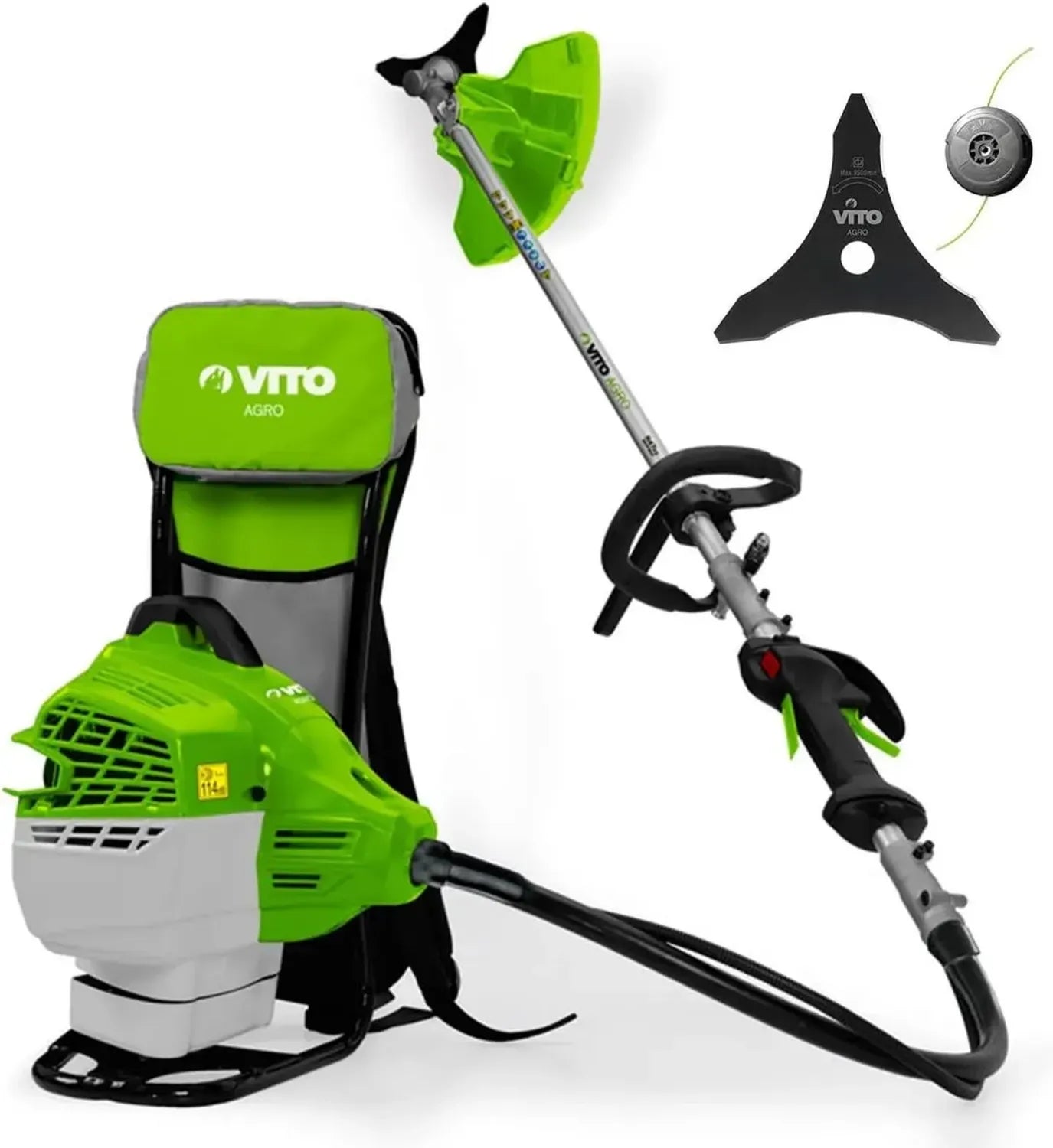 VITO - Débroussailleuse à Essence 47cm³, Coupe 25cm avec Lame et Fil Nylon, Réservoir 1L, Autonomie 90 min, Port Dorsal