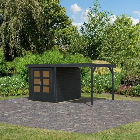 Abri de Jardin en Bois-Métal 4,45m² avec Appentis, Toit en Acier, Double Porte
