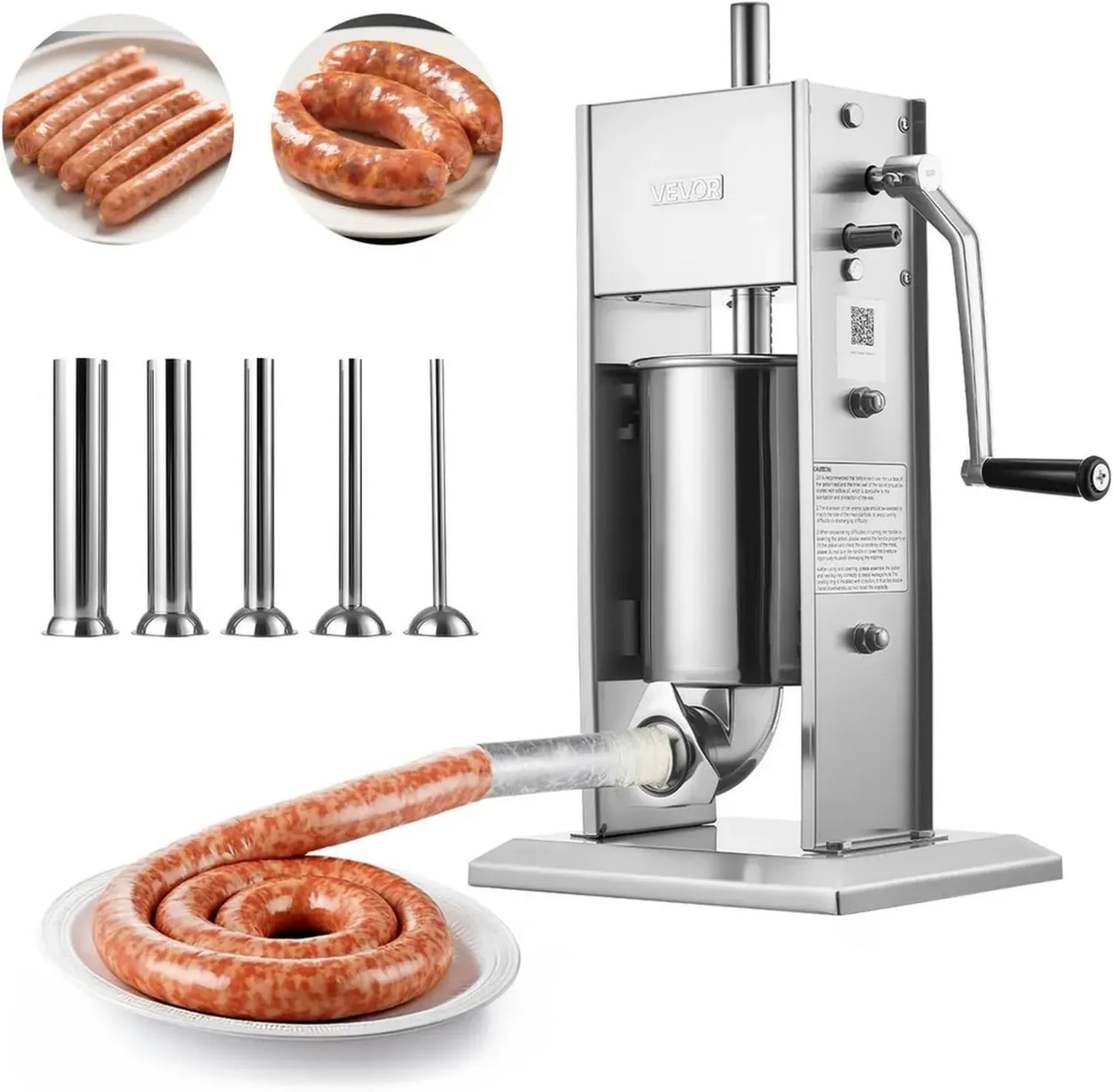 VEVOR Machine à Saucisses Verticale 3L en Inox, Poussoir Manuel à Deux Vitesses avec 5 Embouts, Idéal pour Restaurant et Maison