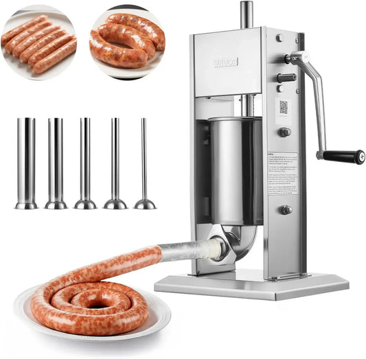 VEVOR Machine à Saucisses Verticale 3L en Inox, Poussoir Manuel à Deux Vitesses avec 5 Embouts, Idéal pour Restaurant et Maison