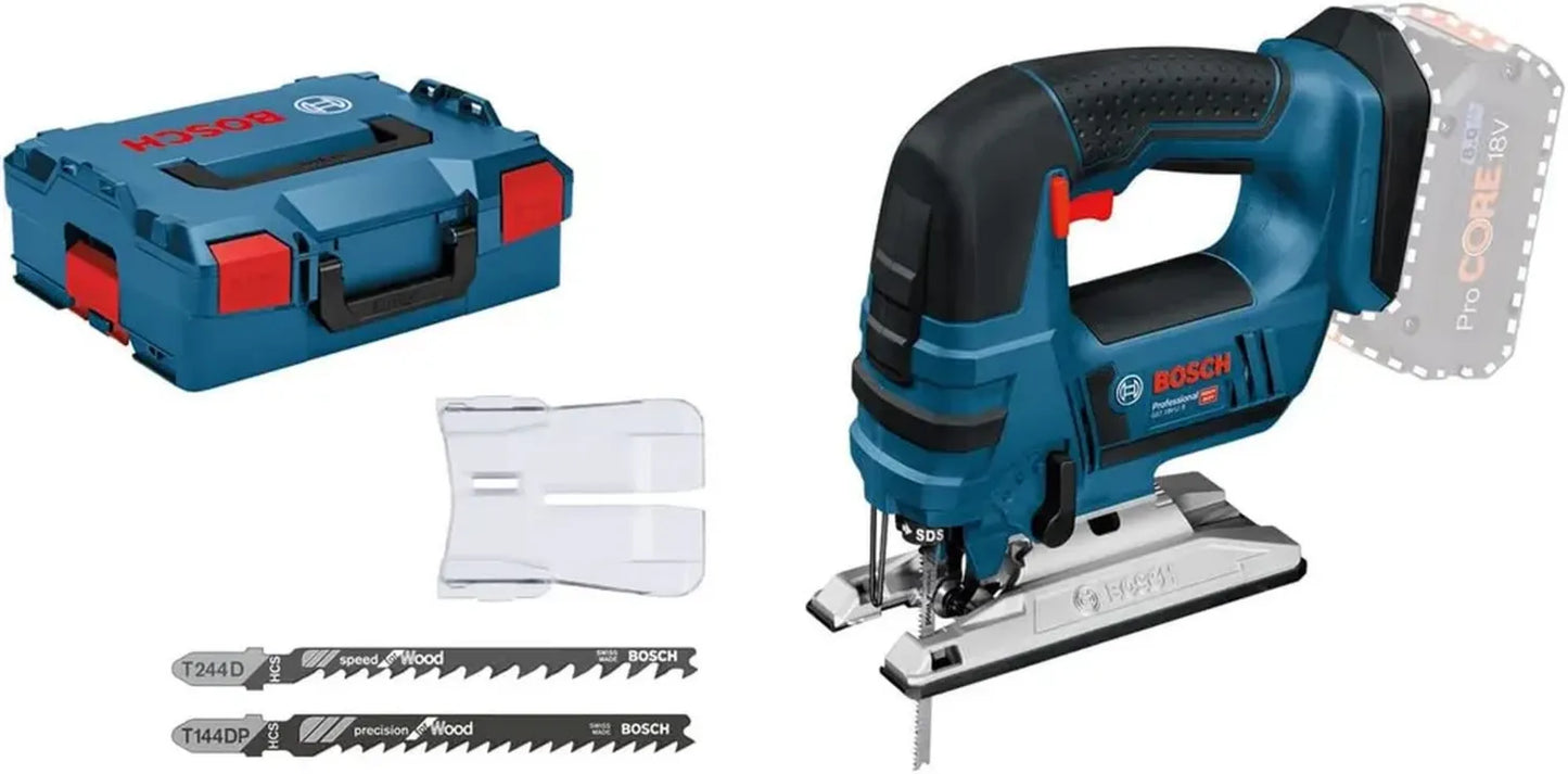 Bosch Scie Sauteuse Professionnelle 18V GST 18 V-LI B, Poignée Étrier, Coupe Bois/Alu/Métal 120/20/8 mm, 3 Lames, Sans Batterie Ni Chargeur, L-BOXX Incluse