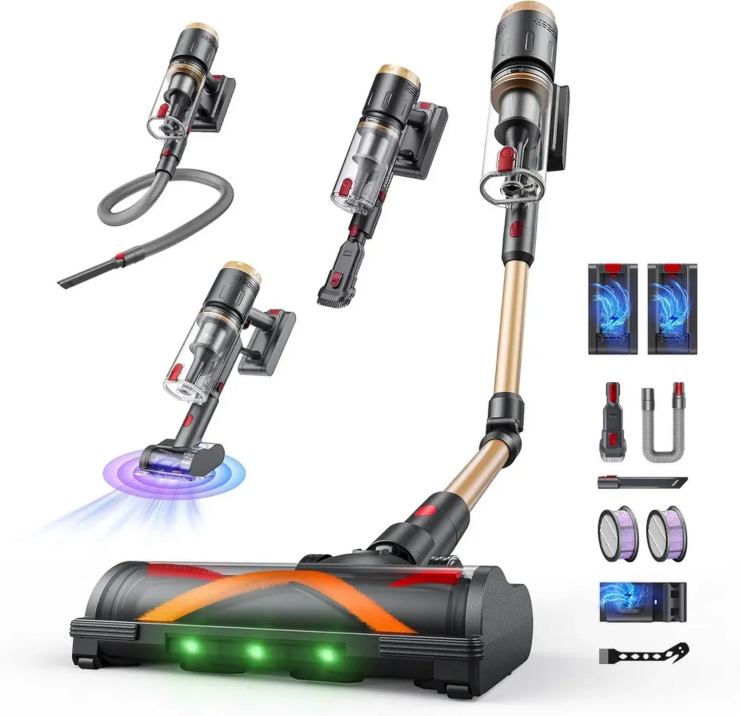 Aspirateur Balai sans Fil Puissant 600W, 150min - Anti-acariens, Pliable et Polyvalent
