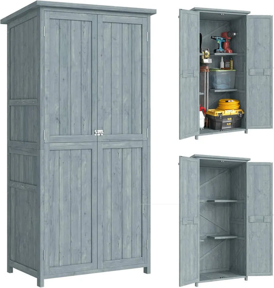 Outsunny Abri de Jardin en Bois avec Portes Sécurisées, Étagères et Crochets, Résistant à l'Eau pour Balcon et Terrasse, 85 x 54 x 170 cm, Gris