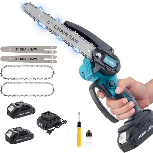 Mini Tronçonneuse Électrique sans Fil 8, Ensemble Complet: 2 Batteries, 2 Chaînes, Huilage Auto, Idéale pour Élagage
