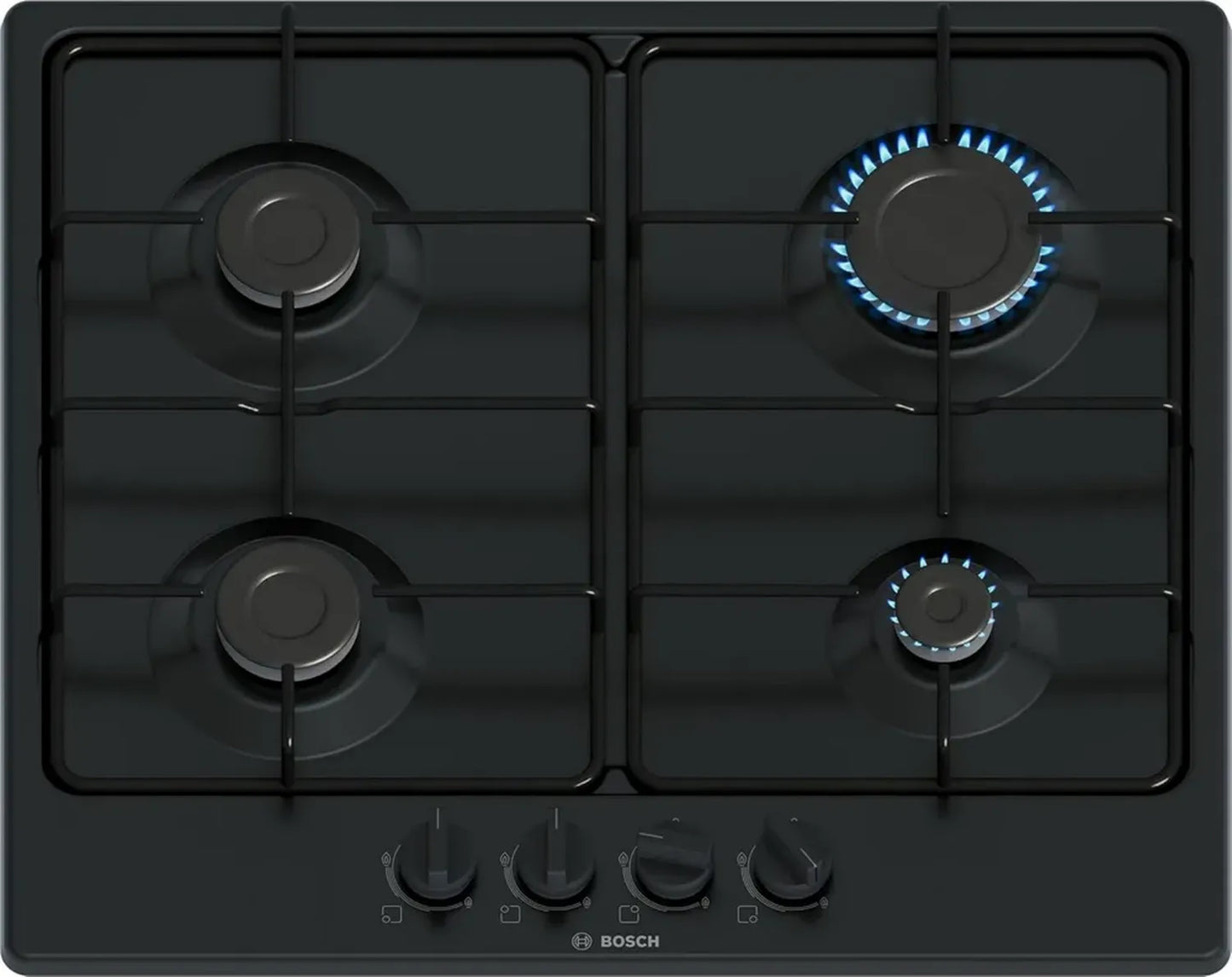 Plaque de cuisson gaz Bosch Série 4, 4 zones, 60 cm, noir, contrôle ergonomique
