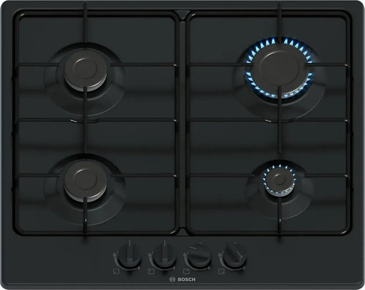 Plaque de cuisson gaz Bosch Série 4, 4 zones, 60 cm, noir, contrôle ergonomique