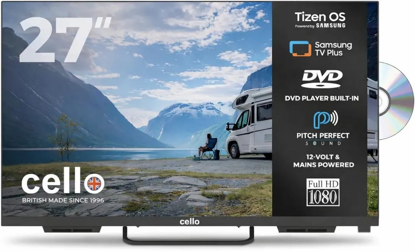 Télévision LED Cello 27 Pouces Smart Traveller avec Tizen OS, Haut-parleurs Bluetooth, Idéale pour Camping-Cars